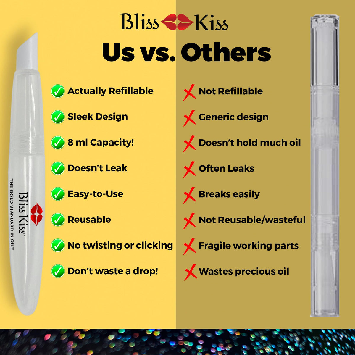 Bliss Kiss pen held in hand illustrating compact size and one-handed control