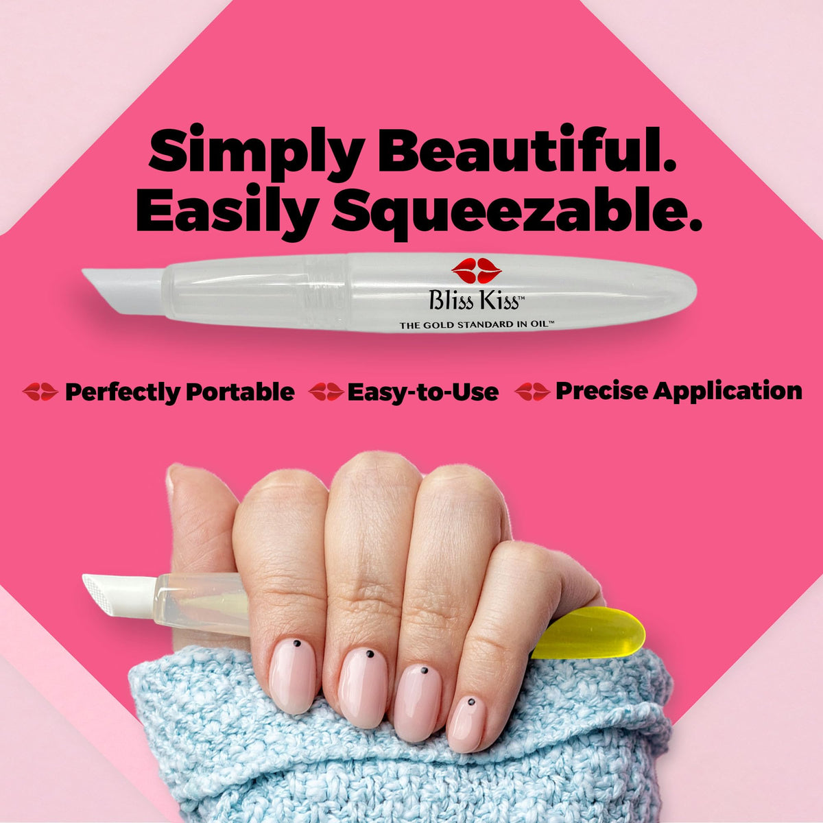 Bliss Kiss pen being refilled from bottle showing fast, mess-free refill advantage