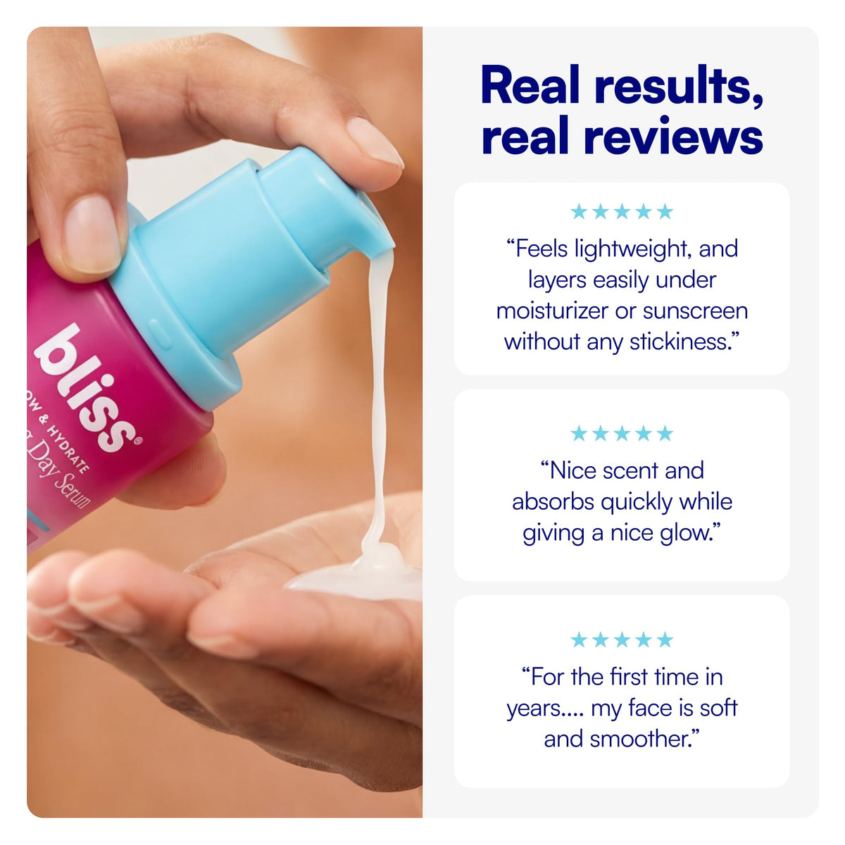 Bliss ingredient label view emphasizing niacinamide, hyaluronic acid benefits