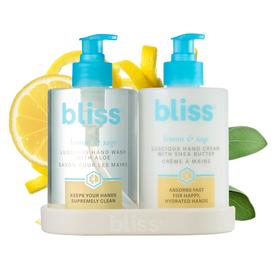 Bliss front packaging of duo showing tray and bottles, neat presentation benefit