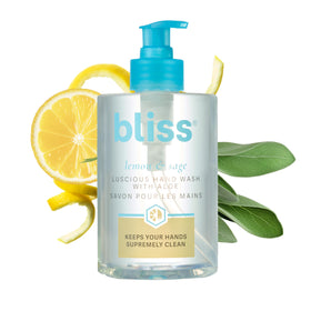 bliss front bottle shot showing fresh lemon & sage scent and pump benefit