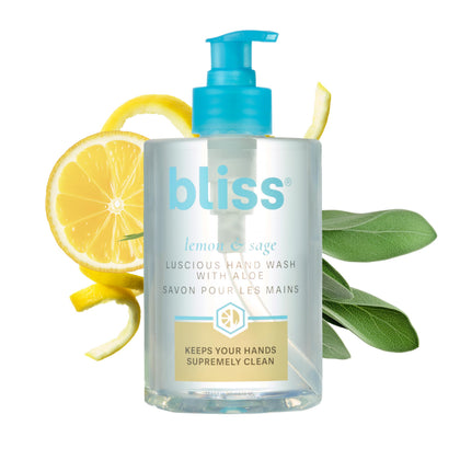 bliss front bottle shot showing fresh lemon & sage scent and pump benefit