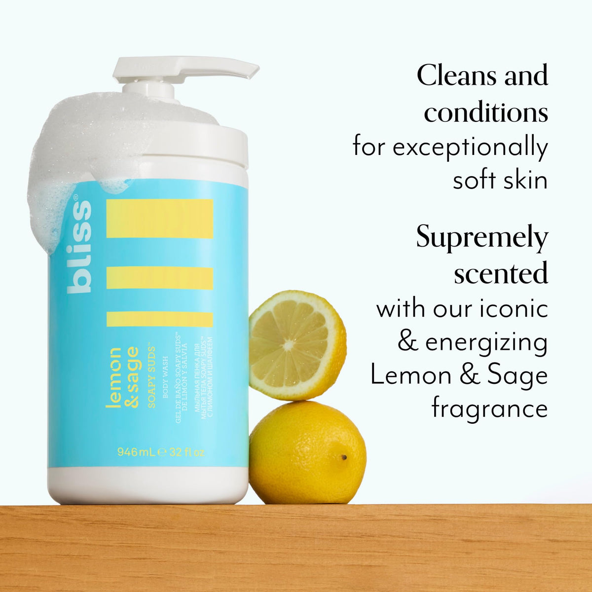 Bliss gel texture lathered into foam demonstrating rich creamy suds