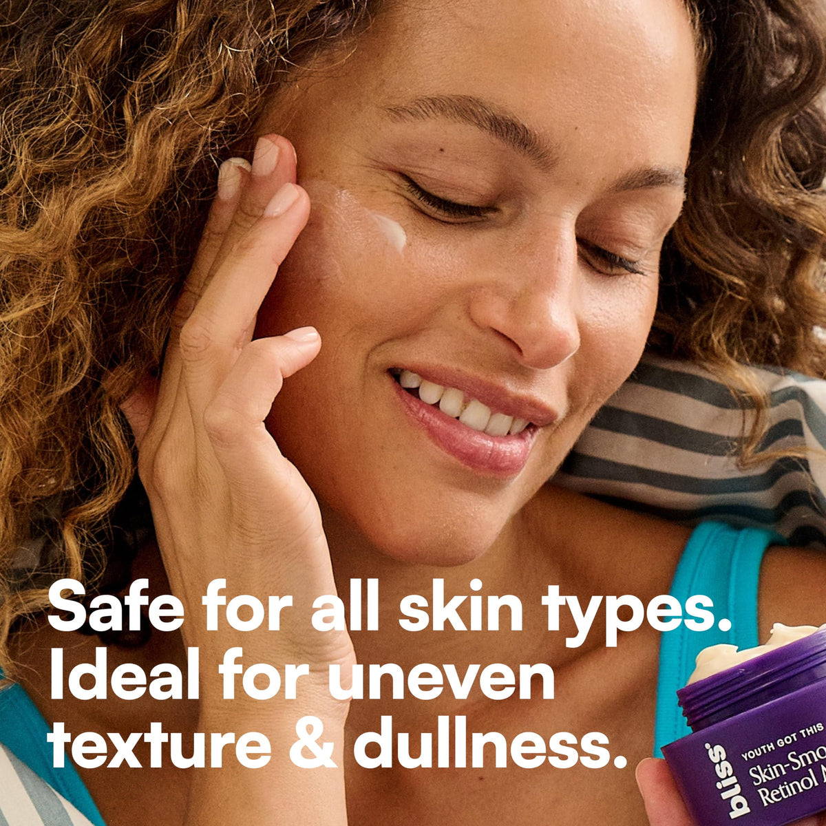 Bliss retinol jar on bathroom counter with towel showing inclusion in daily skincare routine