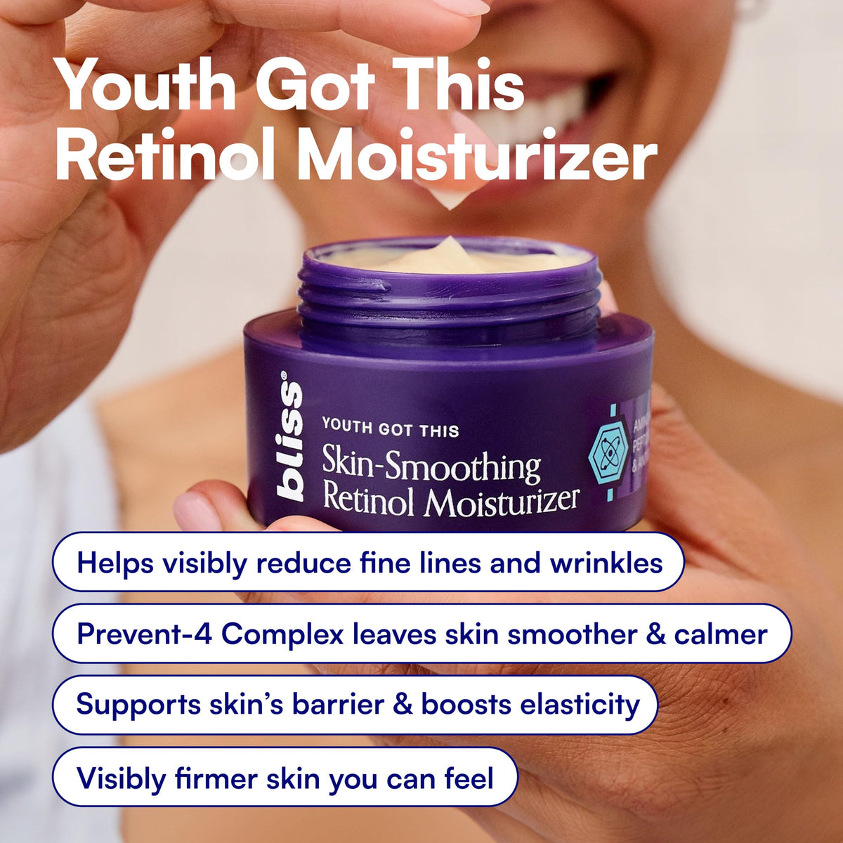 Open jar of Bliss retinol cream displaying consistency and usable amount