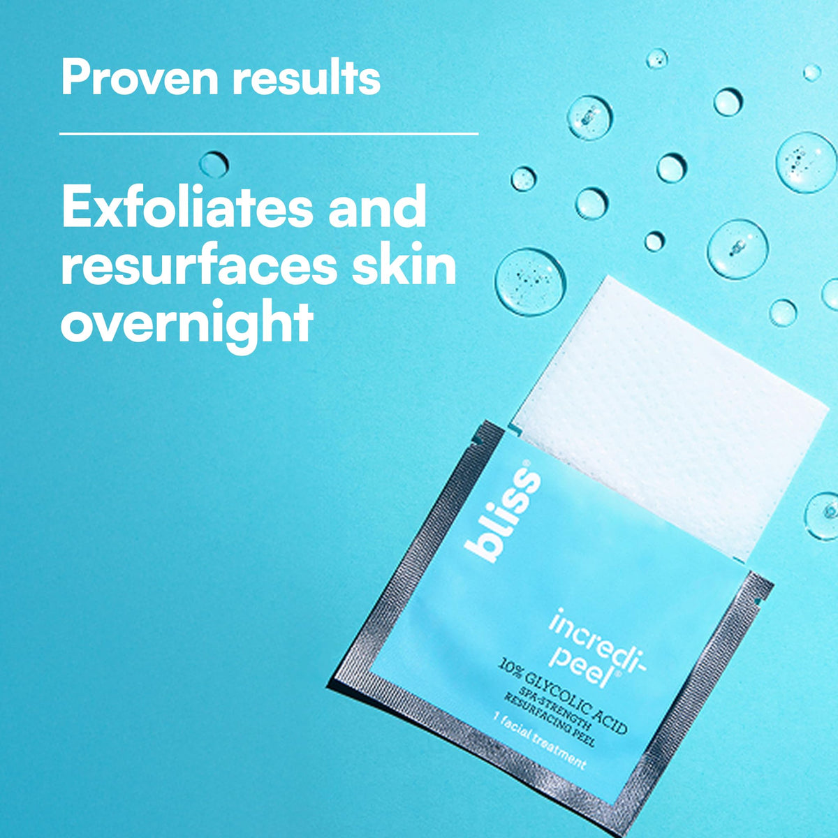 Bliss pad with visible solution drop illustrating time-release glycolic acid action