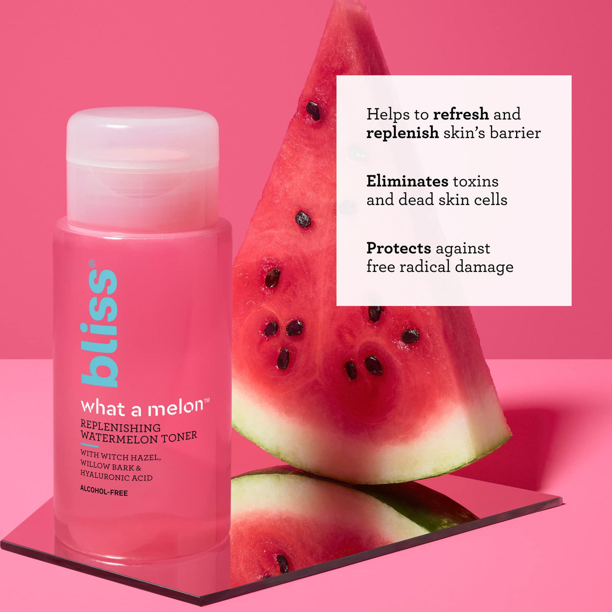 Bliss label closeup highlighting ingredients for balanced, refreshed skin