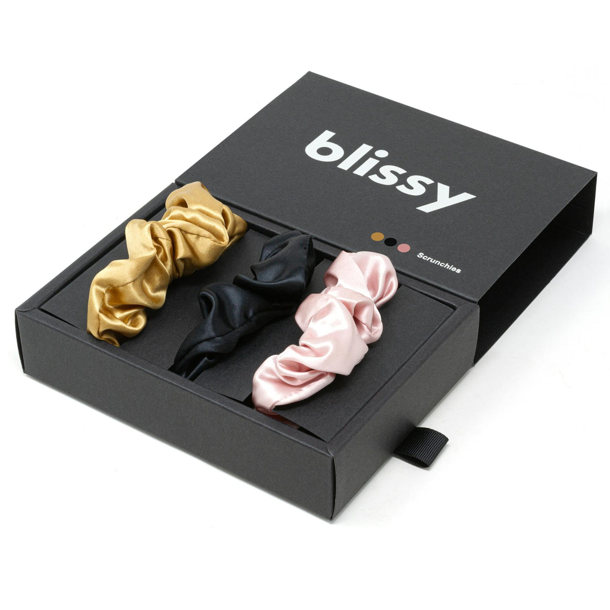 BLISSY front packaging showing three silk scrunchies, stylish and protective