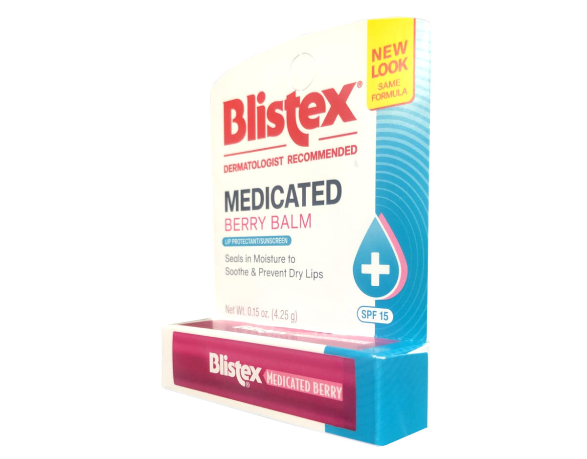 Blistex berry label detail highlighting SPF 15 and medicated formulation benefits