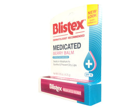 Blistex berry label detail highlighting SPF 15 and medicated formulation benefits