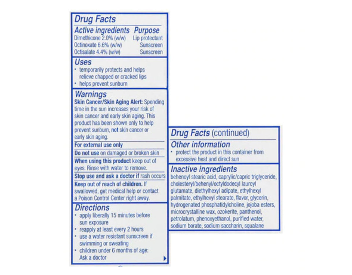 Close-up of Blistex Complete Moisture label highlighting ingredients and moisturizing benefit