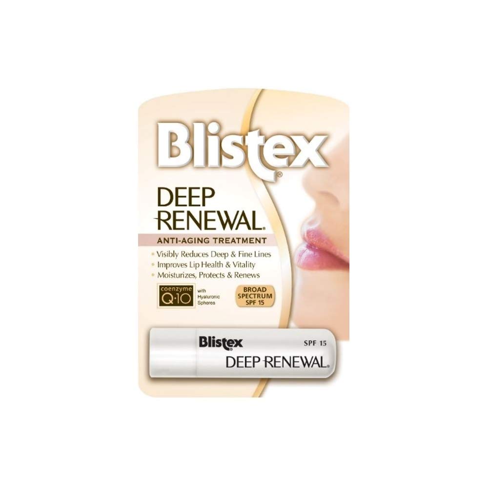 Blistex Deep Renewal front packaging showing SPF 15 and four tubes for easy protection