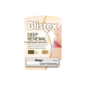 Blistex Deep Renewal front packaging showing SPF 15 and four tubes for easy protection