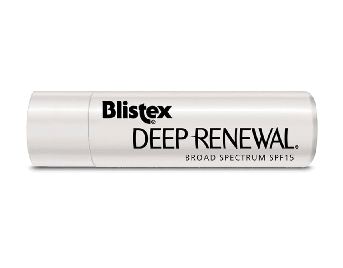 Blistex Deep Renewal ingredient label highlighting Coenzyme Q-10 and hyaluronic spheres for renewal