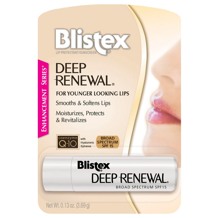Blistex Deep Renewal tube front showing SPF 15 and packaging benefits