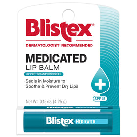 Blistex front view of medicated lip balm stick showing label and size benefit