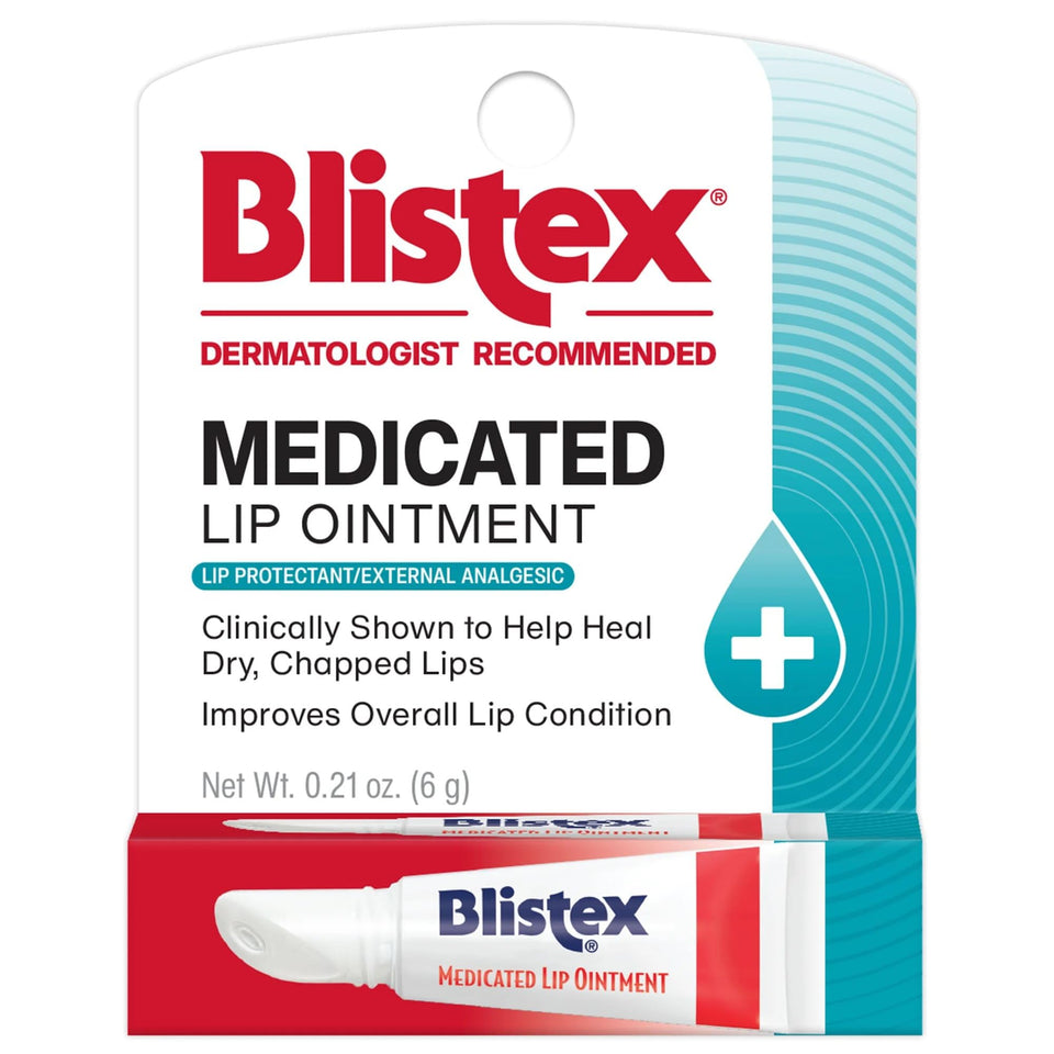 Blistex tube front view showing product name and size, portable relief on hand