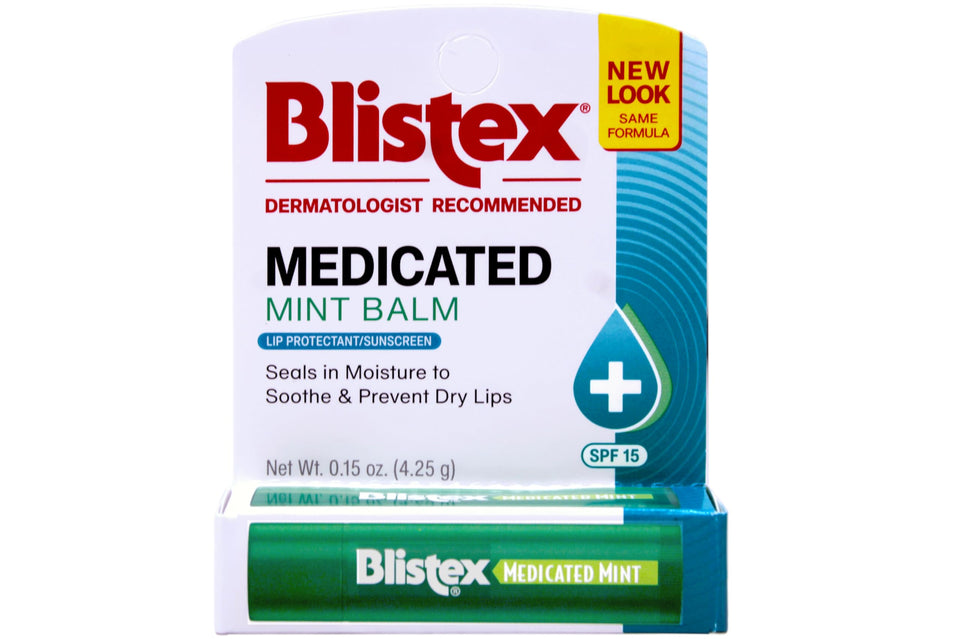 Blistex front packaging showing medicated mint balm pack of 12 for convenient storage