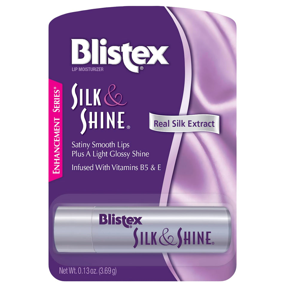 Blistex Silk & Shine front packaging showing multiple sticks and product benefit