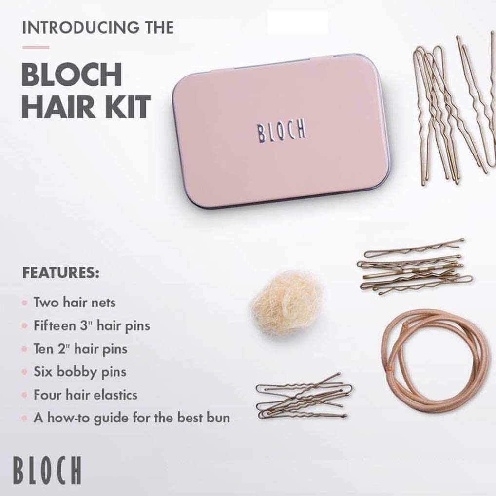 Bloch hair kit tools closeup with pins, nets and elastics for reliable hold