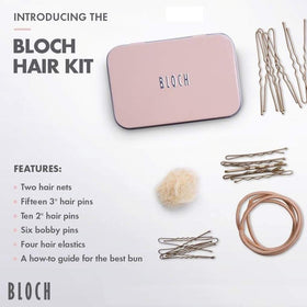 Bloch hair kit tools closeup with pins, nets and elastics for reliable hold