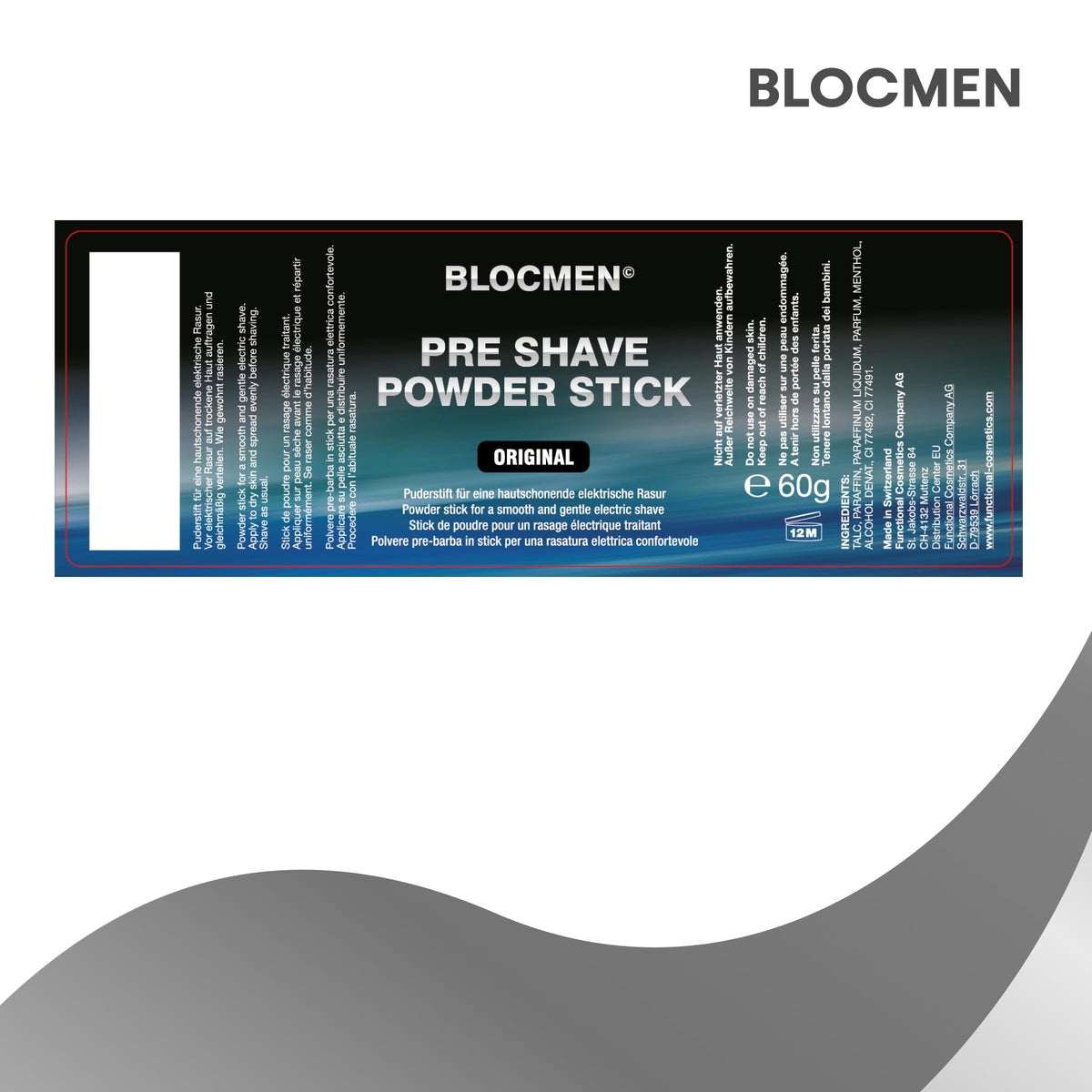 Blocmen pre shave stick 60g label close-up highlighting product details and ingredient clarity