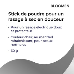 Blocmen pre shave stick held in hand to show scale and convenient grooming portability