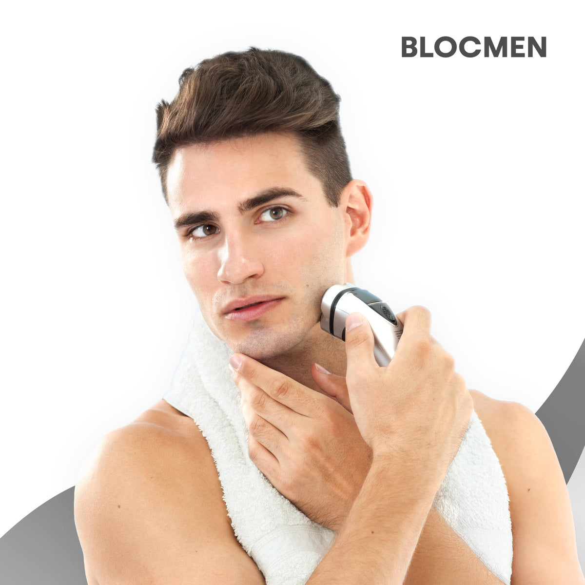 Blocmen pre shave stick beside razor on bathroom counter conveying quick routine benefit
