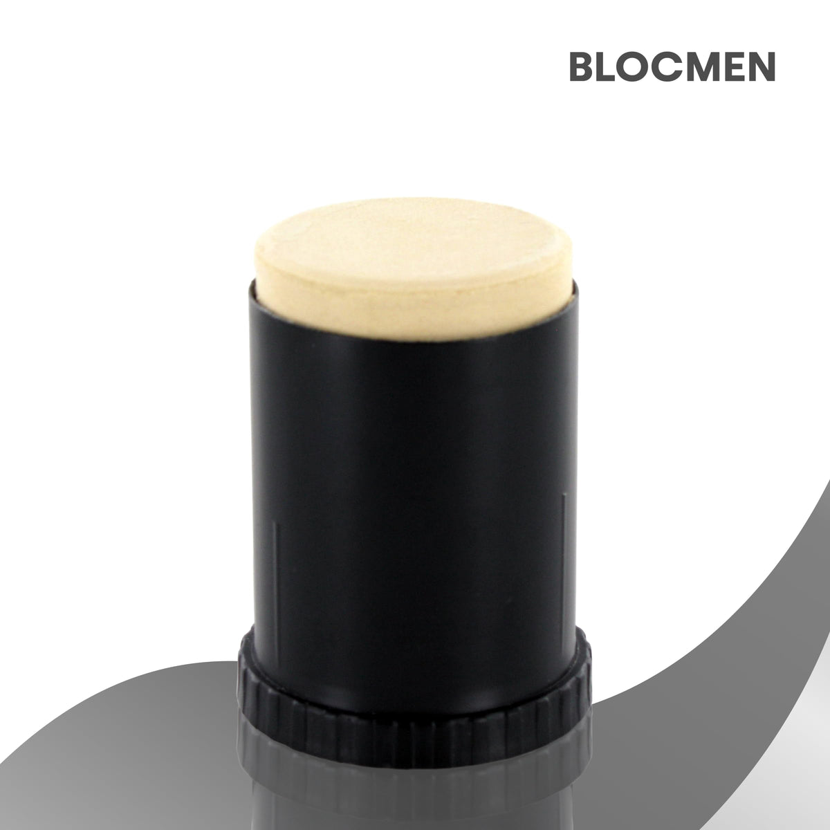 Blocmen pre shave stick open cap revealing solid powder texture for easy, mess-free use