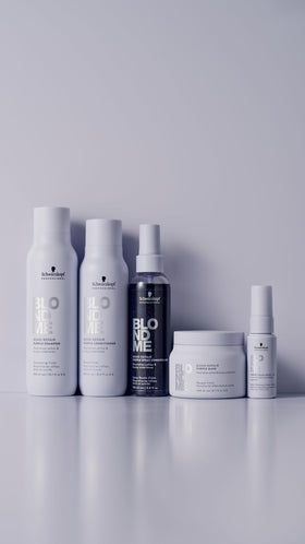Before-and-after BlondMe results neutralizing yellow tones for cooler blonde