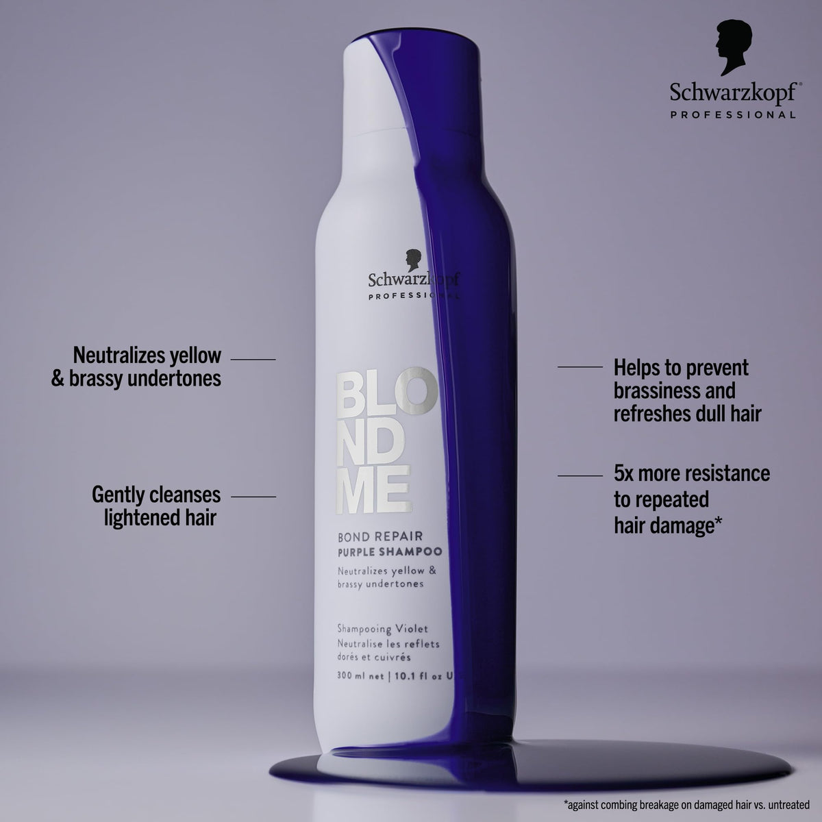 BlondMe purple shampoo lather pouring, showing toning texture and coverage