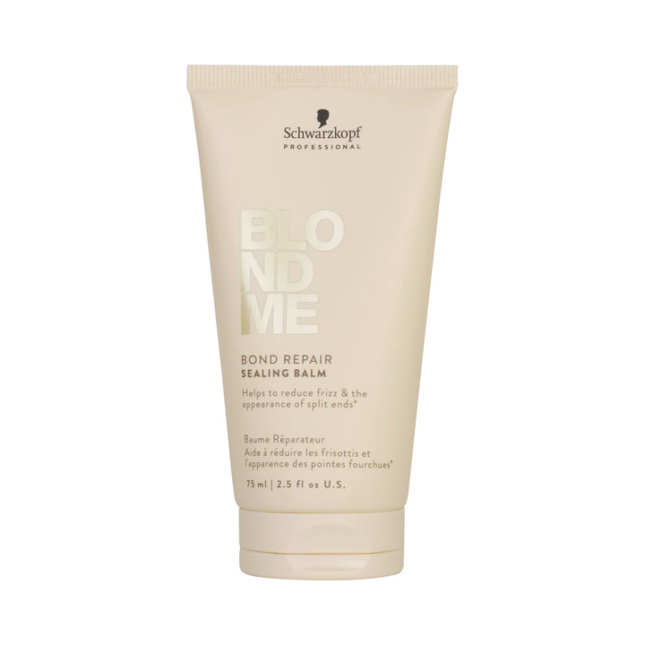 BlondMe front packaging showing the sealing balm bottle and benefits