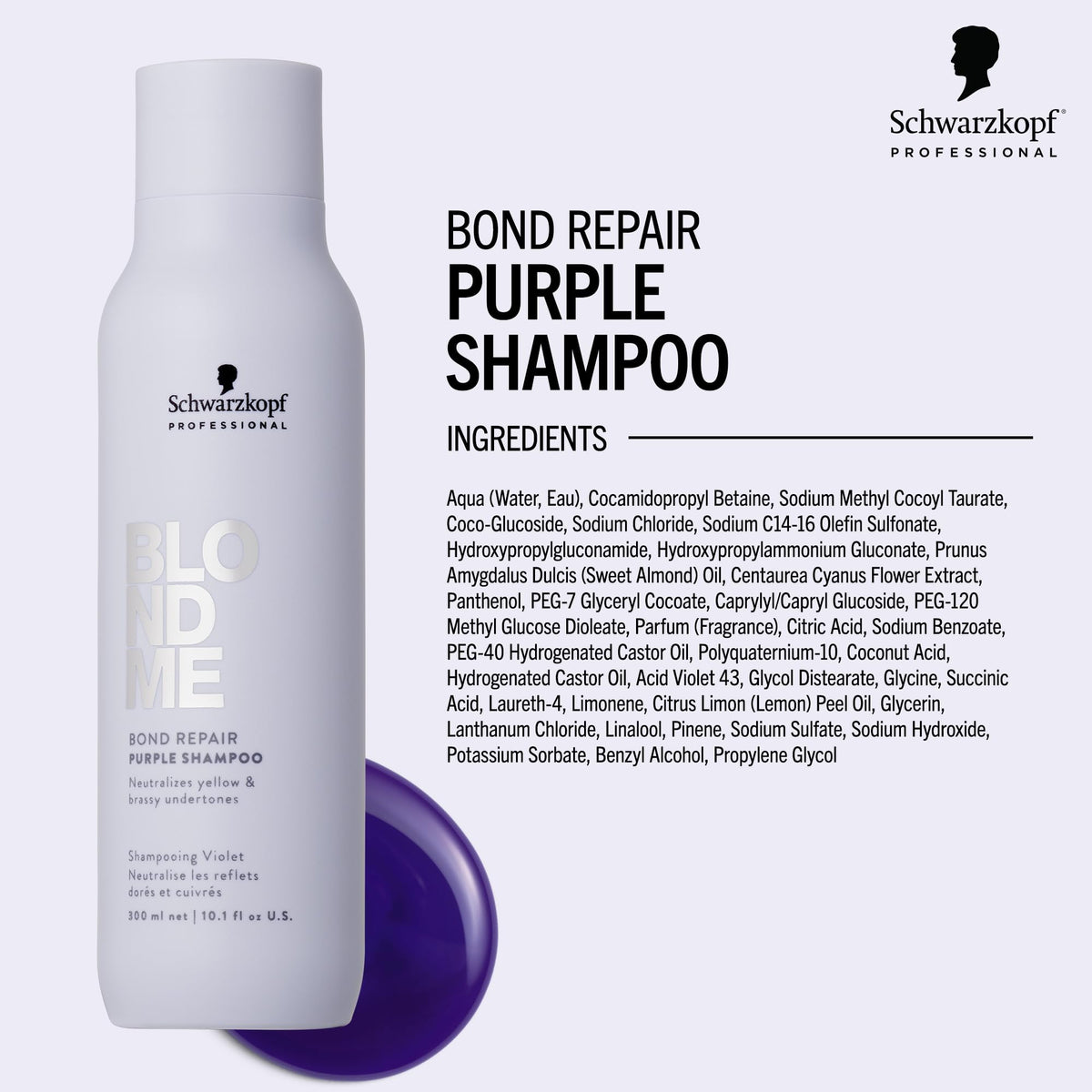 BlondMe shampoo back label highlighting ingredients and bond-repair benefit
