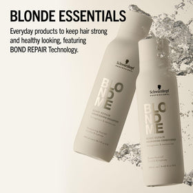 Hand applying BlondMe shampoo to wet blonde hair demonstrating brightening in use