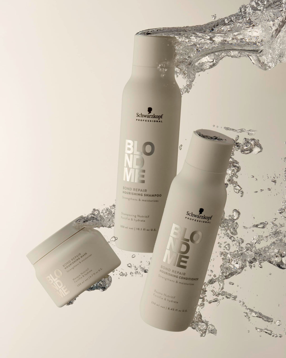 BLONDME bottle in shower setting conveying easy at-home salon care