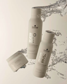 BLONDME bottle in shower setting conveying easy at-home salon care