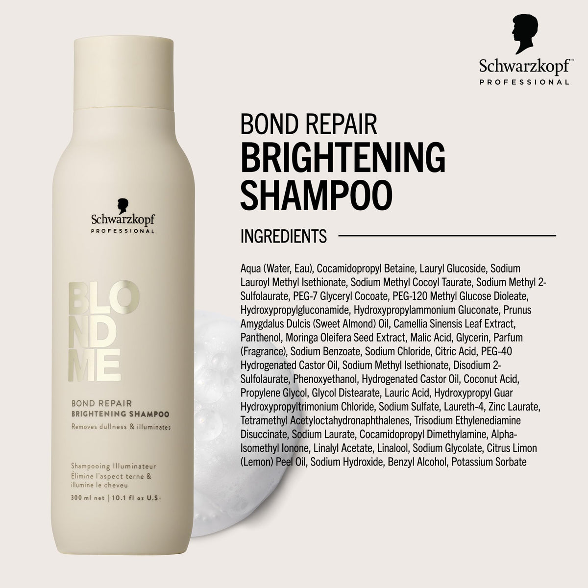 BlondMe shampoo lather close-up showing creamy foam and gentle cleansing action
