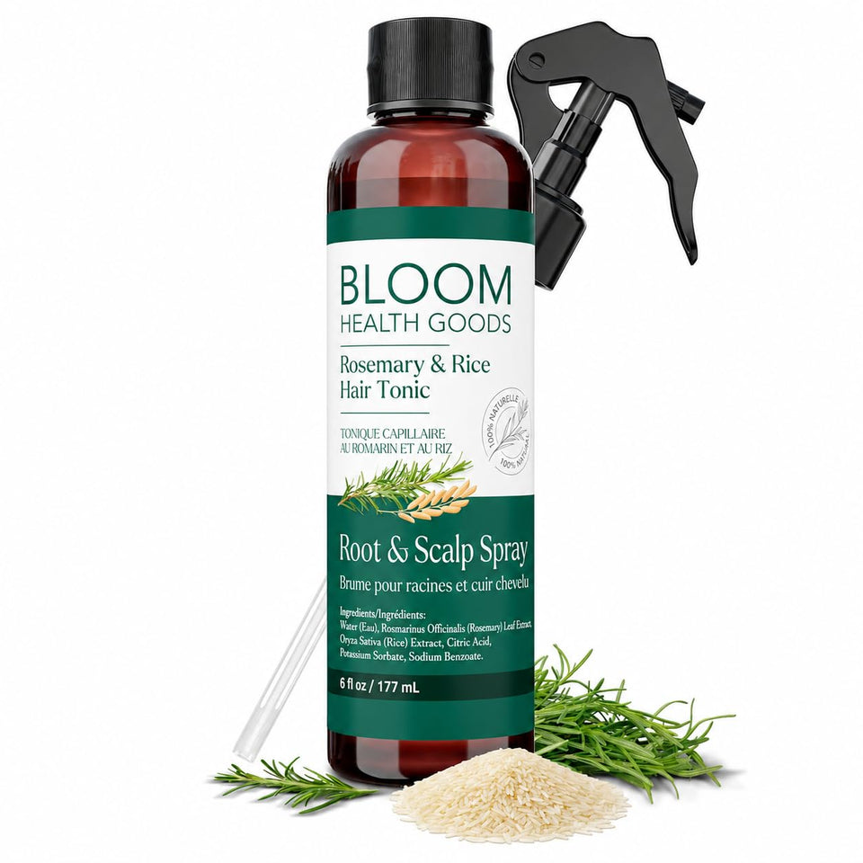 Bloom Health Goods front bottle showing rosemary and rice water, conveys clean formulation