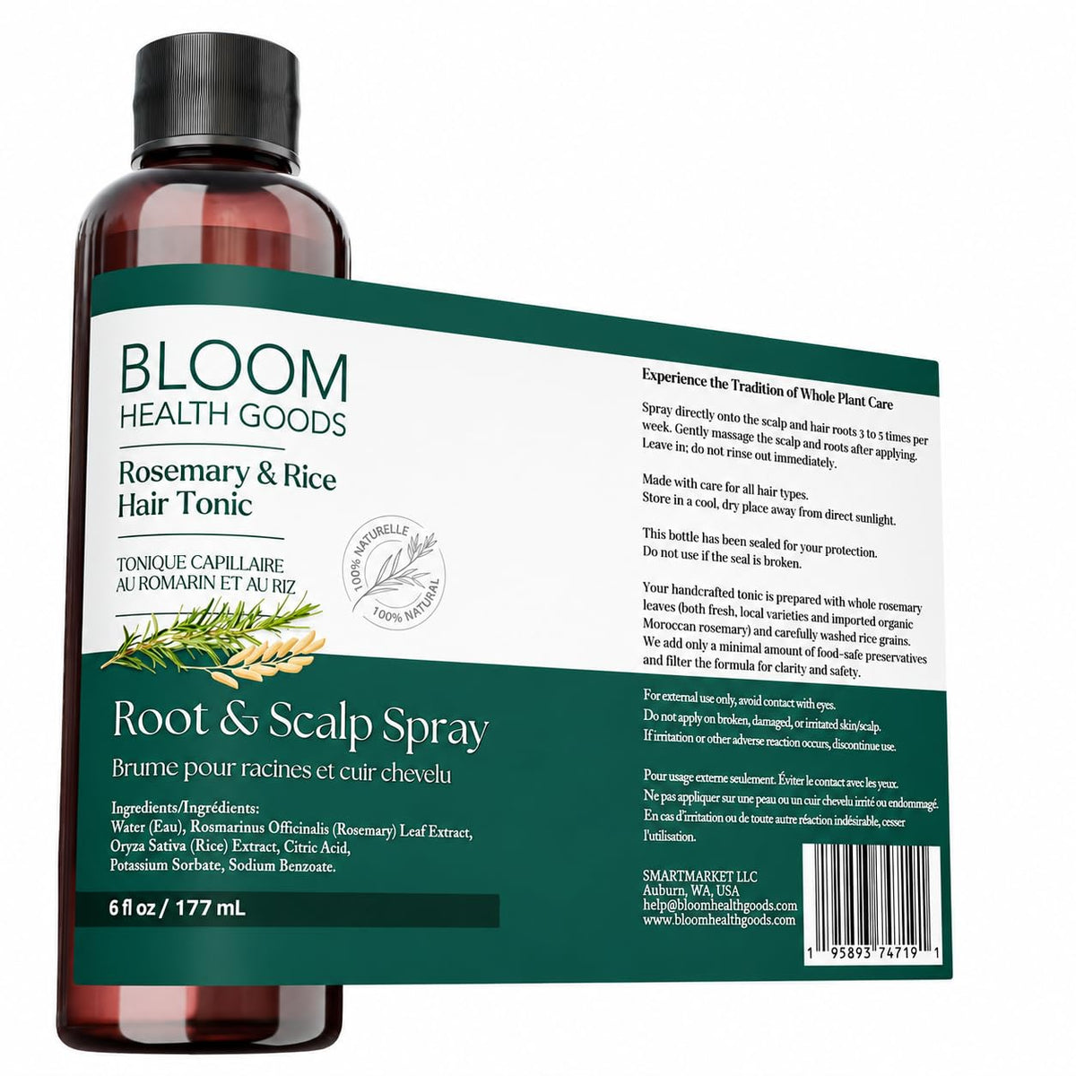 Bloom Health Goods bottle with lockable sprayer and reusable bag, shows fresh packaging protection