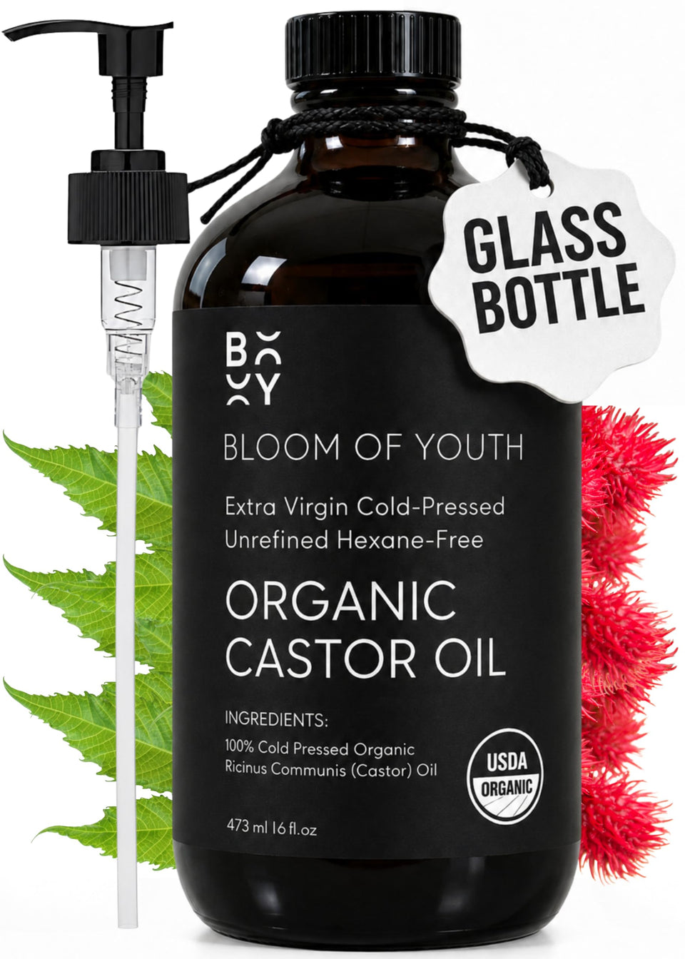 Bloom of Youth amber glass bottle front view shows purity and storage benefits