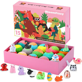 BloomFizzy front packaging showing 15 colorful jungle bath bombs and toys for exciting baths