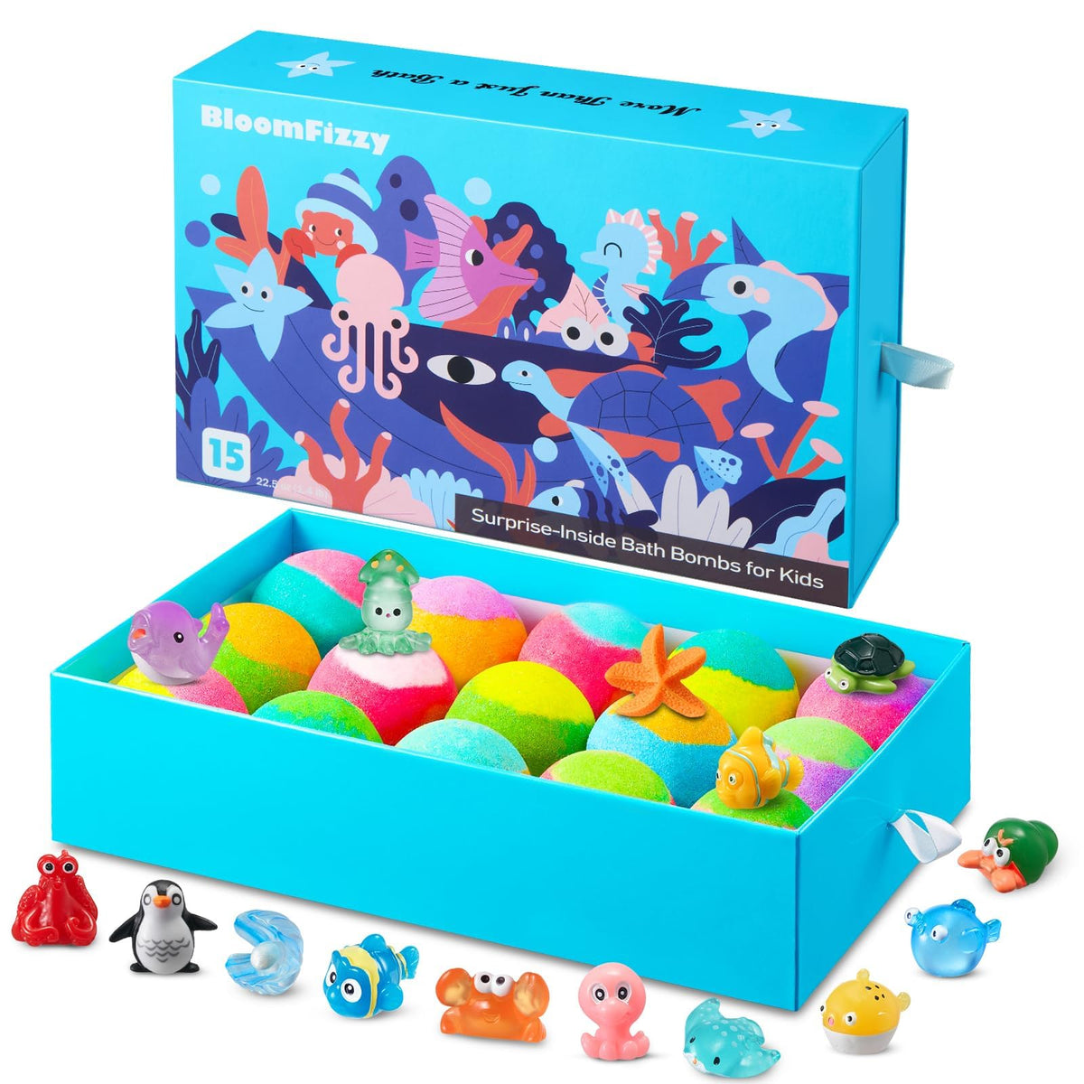 BloomFizzy front packaging showing 15-pack and cheerful gift-ready box benefits