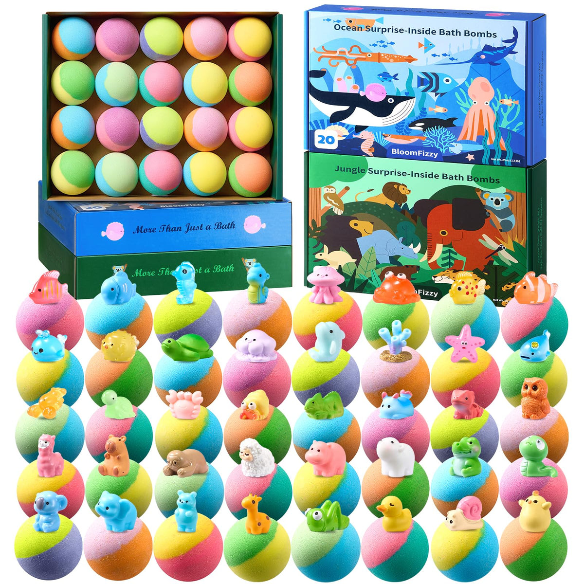 BloomFizzy front packaging showing dual jungle and ocean themed boxes and colorful design benefits