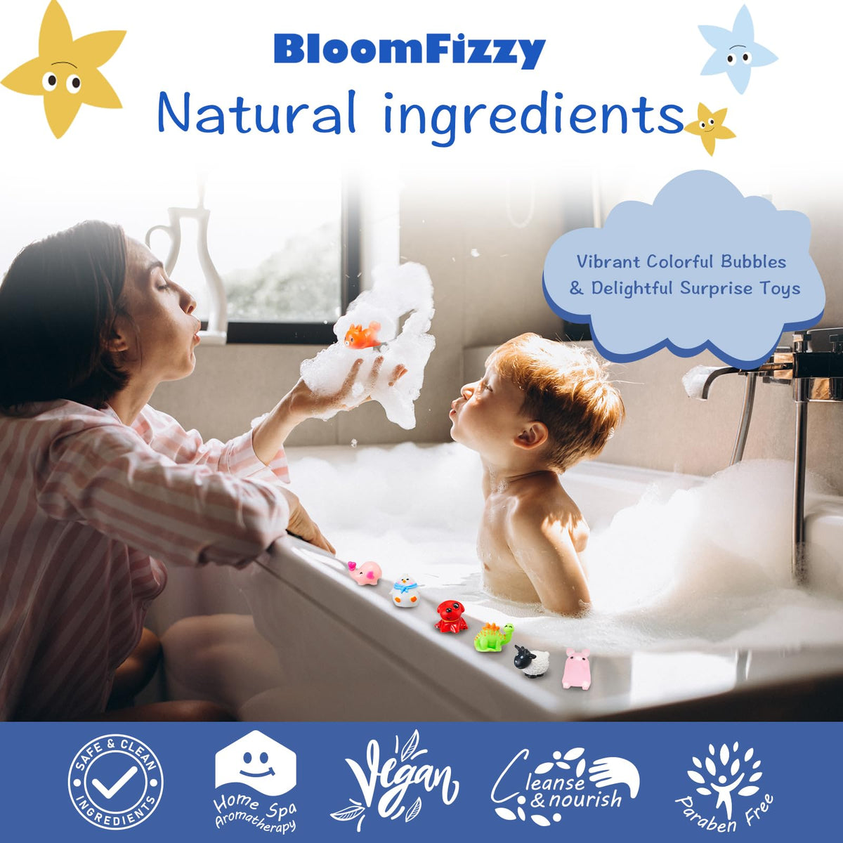 BloomFizzy size comparison with hand demonstrating kid-friendly bath bomb dimensions