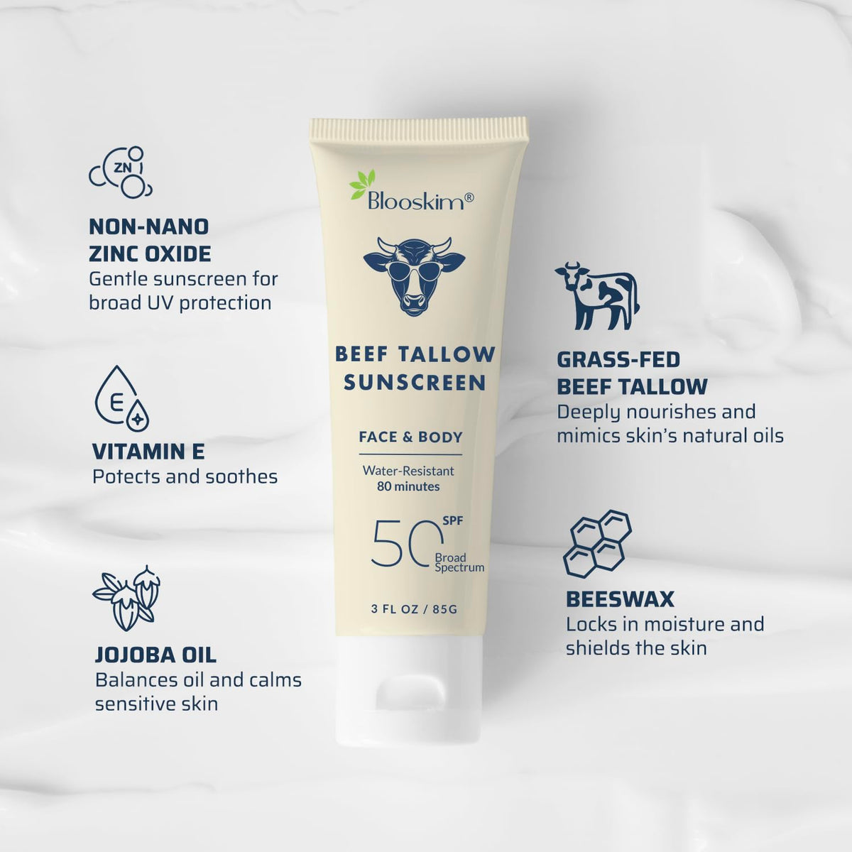 Blooskim open jar label detail highlighting natural ingredients and zinc oxide