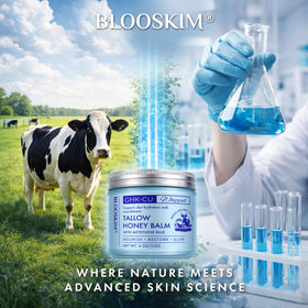 blooskim jar with Manuka honey visual pairing ingredients to suggest soothing, natural formulation