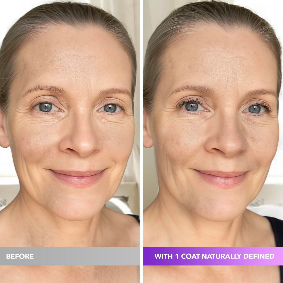 Blooskim before and after mature eyes demonstrating fuller but natural lashes