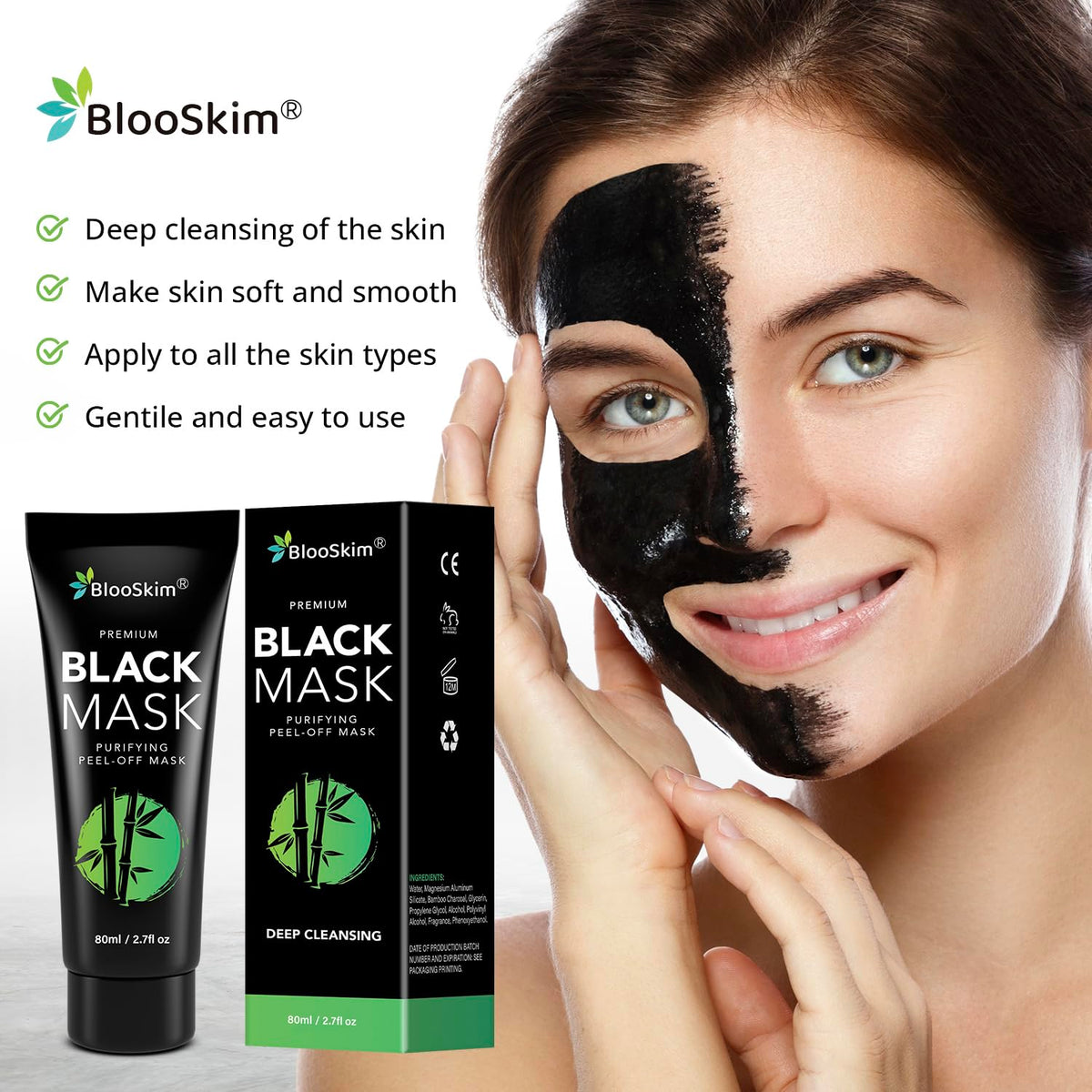 Blooskim mask texture close-up highlighting smooth charcoal formula benefits