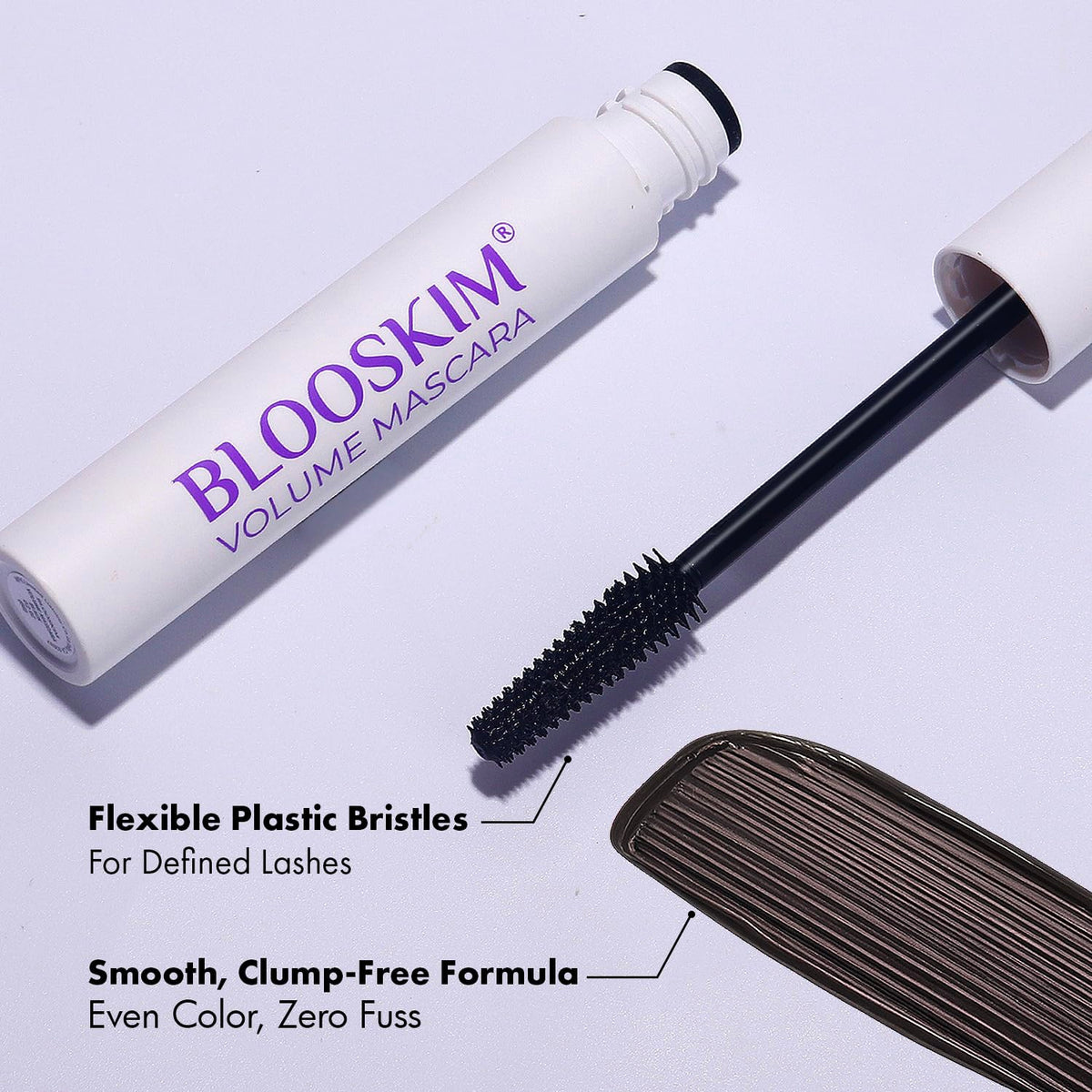 Blooskim mascara texture swiped to show smooth non-clumping finish