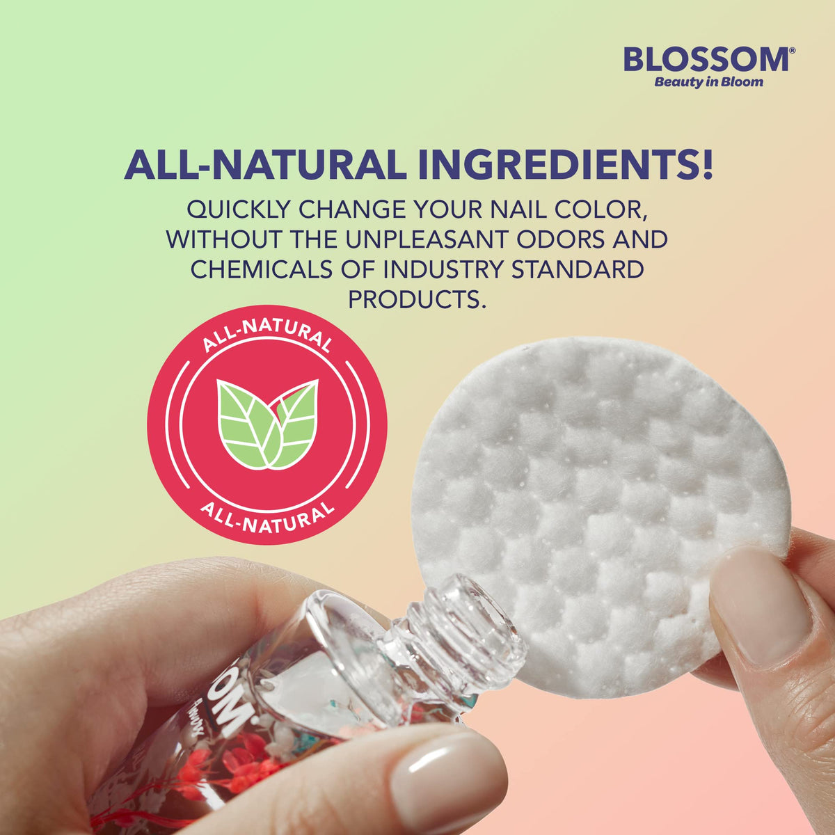 Blossom bottle cap and label showing brand and travel-friendly 2oz size benefit